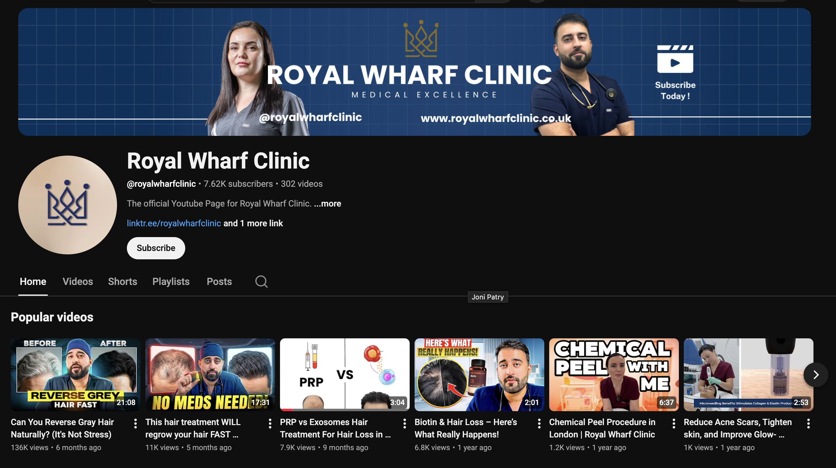 YouTube after: Royal Wharf Clinic 7.62K subscribers, 302 videos, top video 136K views